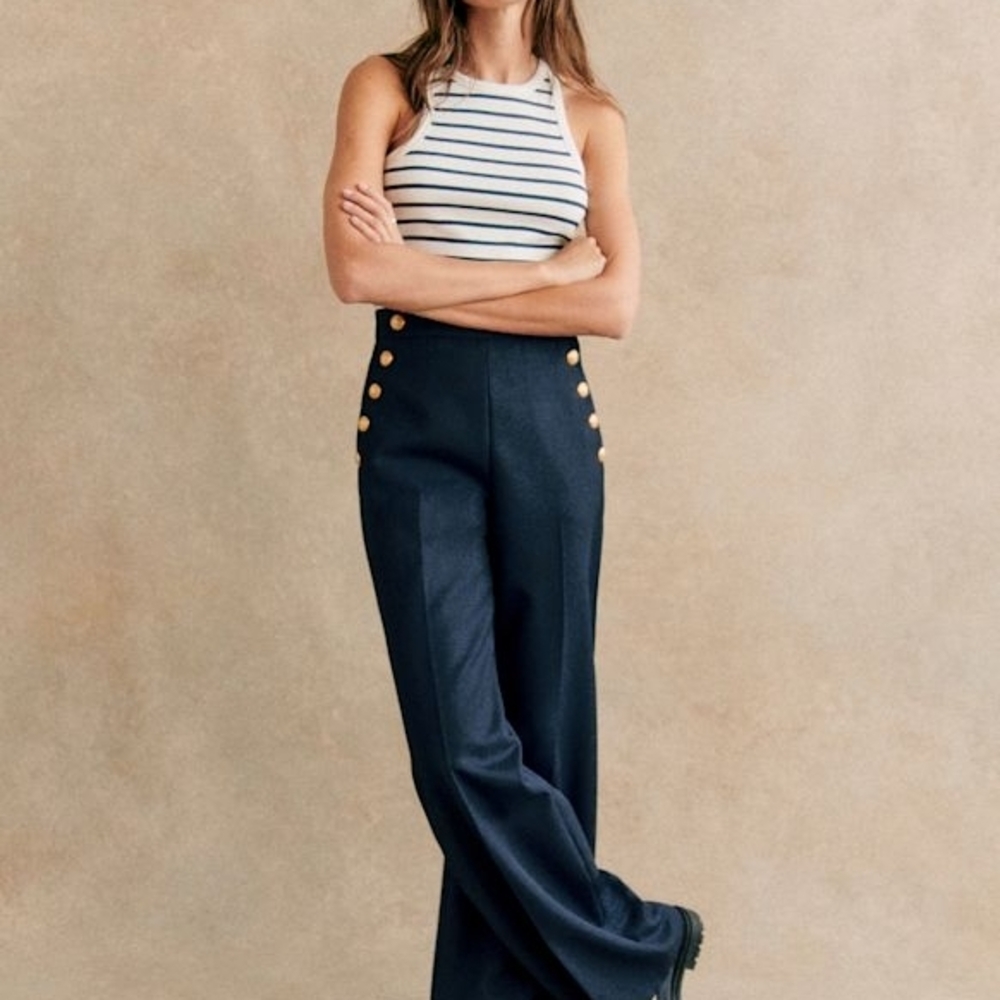 Sezane Pantalon Marino Blue Wide-Leg Pants